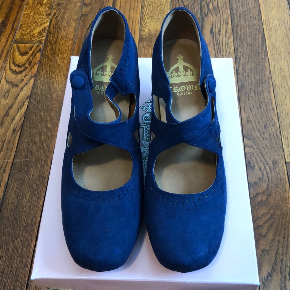 Navy faux suede wedges. 3 inches tall.